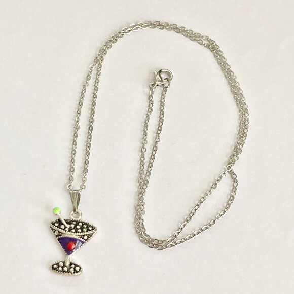 Martini Cocktail Drink Cup Glass Charm Necklace Pendant Purple Enamel 18" Chain - Picture 5 of 9